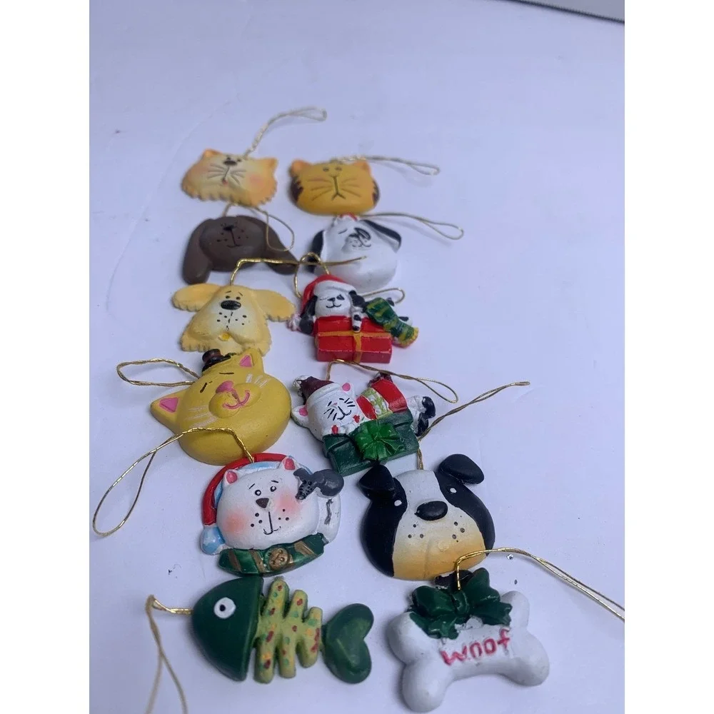 Vintage Pet Christmas Ornaments Set 12pc Resin Cat Dog Fish Bone Holiday Decor‎